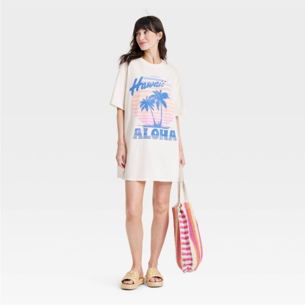 Women’s Hawaii Aloha Short Sleeve Graphic T-Shirt Dress- Off White
